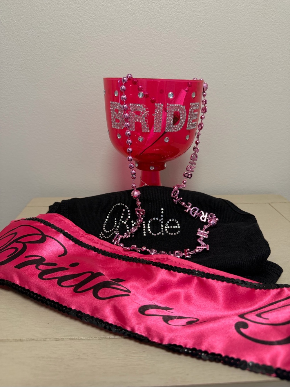 Bride Bachelorette Party Bundle Tank Top Goblet Sash Necklace Set Sz S NWT